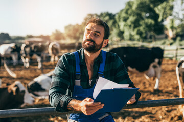Young farmer is working on farm with dairy cows. Agriculture industry, farming.