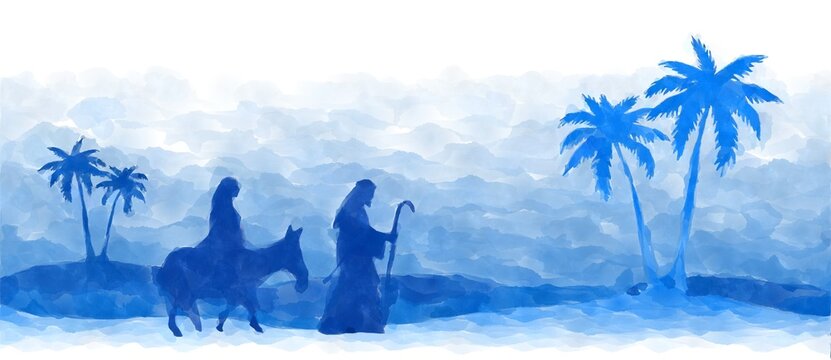 Joseph and Mary journey to Bethlehem. Watercolor painting sketch. Greeting card background. 