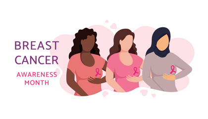 Breast cancer awareness prevention month banner. Three women with pink ribbons of different nationalities standing together. Concept of support and solidarity with female fighting oncological diseases
