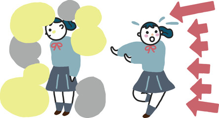 うつうつたる思いに取りつかれている女子学生と何かに追われ逃げている女子学生　セット　イラスト素材
