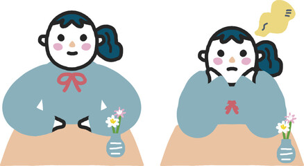 笑顔で机に向かう女子学生と頬杖をついて机に向かう女子学生　セット　イラスト素材
