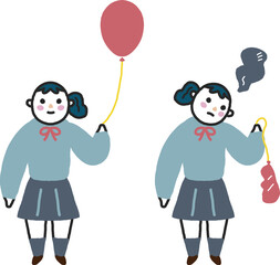 赤い風船を持つ笑顔の女子学生としぼんだ風船を見つめる女子学生　セット　イラスト素材
