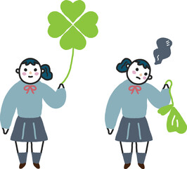 四葉のクローバーを持つ笑顔の女子学生としおれたクローバーを見つめる女子学生　セット　イラスト素材
