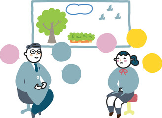 医師またはカウンセラーと明るい部屋で話をしている女子学生　イラスト素材
