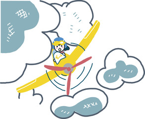 暗雲の空をプロペラ機で迷走する女子学生　イラスト素材
