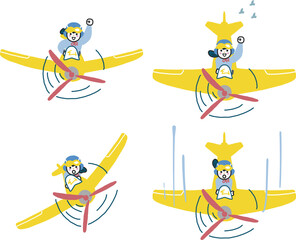 プロペラ機を爽快または危なっかしく操縦する女子高生　セット　イラスト素材
