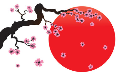 PPNG. Blossoming sakura branch, Sun set - Japan symbol isolated on transparent. PNG illustration