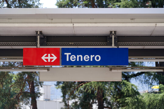 Sign with SBB logo of Swiss Railway Company at railway station Tenero, Canton Ticino, on a sunny summer day. Photo taken July 26th, 2022, Tenero, Swtzerland.