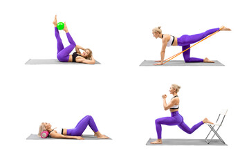 Collage of fitness drills with different props. Fit caucasian woman practice exercises using small ball, resistance band, foam roller, a chair, isolated on white.