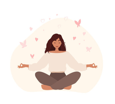 Calm, happy woman sits in the lotus position and opens her arms to the love, world and butterfly. Woman in meditation. Female character enjoys life.
Mental health support, love yourself