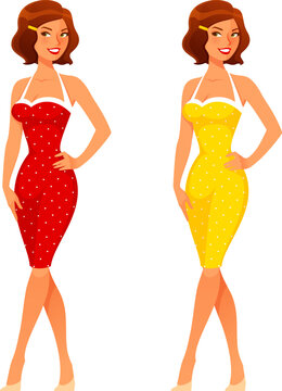 beautiful young woman in red or yellow retro dress from the 50s. Cartoon illustration.