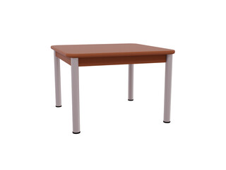 Wooden square table with rounded edges on isolated background. Modern elegant table for kitchen interior. Dark wood texture with old natural pattern. 3D render illustration.