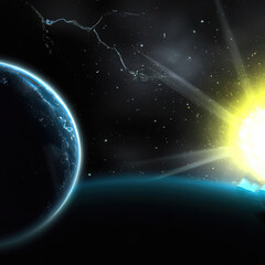 A bright flash from an explosion in space among the planets against a black starry sky.