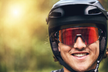 Nature, cycling and man with helmet portrait and excited face with goggles for adventure closeup. Happy and young athlete male with smile ready for sports activity with head protection mockup.