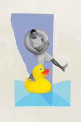 Creative abstract template collage of funny funky impressed young man floating rubber yellow duck...