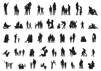 Family silhouettes, Happy family silhouette set, Father and Mother with children silhouettes