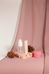 Set of Skincare and Cosmetic with White and Pink Background