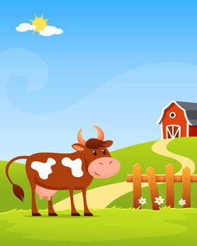 cute cartoon illustration for kids - a happy cow in the farm with green landscape and wooden fence on a bright sunny day.