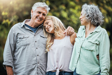 Nature, senior parents and hug with daughter to bond on weekend in usa for happy family moment. Proud, elderly and retirement people with woman relatives smile together with care and love embrace. - Powered by Adobe