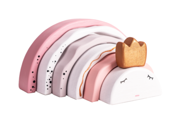 Cute princess rainbow toy sleeping. Arch game with crown isolated on white