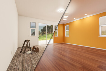 Unfinished Raw and Newly Remodeled Room of House Before and After with Wood Floors, Moulding,...