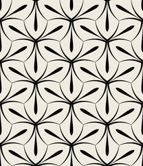 Vector seamless pattern. Monochrome graphic design. Decorative elegant leaves. Regular floral background with geonmetric petals. Contemporary stylish ornament.