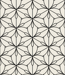 Vector seamless pattern. Monochrome graphic design. Decorative geometric linear leaves. Regular floral background with elegant petals. Contemporary stylish ornament.