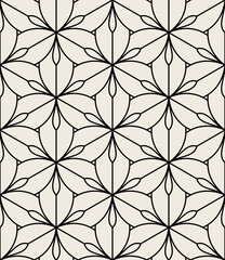 Naklejka premium Vector seamless pattern. Monochrome graphic design. Decorative geometric linear leaves. Regular floral background with elegant petals. Contemporary stylish ornament.