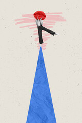 Creative photo 3d collage poster postcard artwork of funny funky girl stands top sharp figure isolated on drawing background