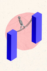 Creative photo 3d collage poster postcard artwork of funny funky personage go rope between two...
