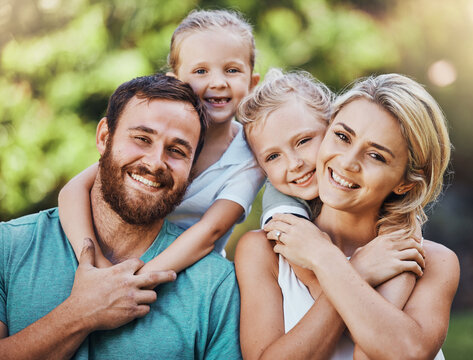 Family Portrait, Parents And Kids Bonding Hug In Garden Or Canada Nature Park In Trust, Love Or Security, Smile, Happy Or Excited Children With Man Or Woman For Mothers Day Or Fathers Day Celebration