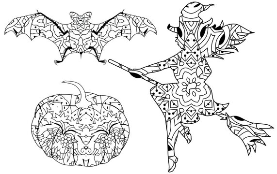 Witch, bat and pumpkin decorative with a pattern. Vector zentangle object for Halloween for coloring