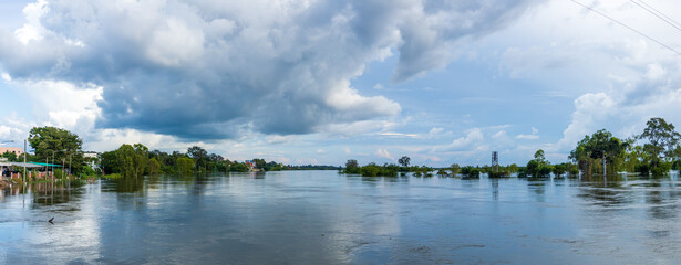 Sisaket, Thailand, October 7, 2022: Flood level, and flooding at Rasi Salai District, Sisaket...