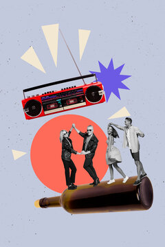 Collage photo of young couple dancing with hipsters together drunk alcohol wine glass celebrating boombox player disco isolated on painted background