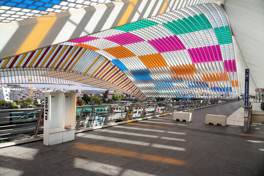 Belgium, 2022: Guillemins station concourse in Liège shines in new colors. Interior of the railway station