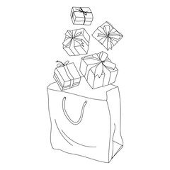 Shopping bag with gift boxes line drawing isolated on white background.Vector illustration with flying gift boxes in a shopping bag black and white sketch