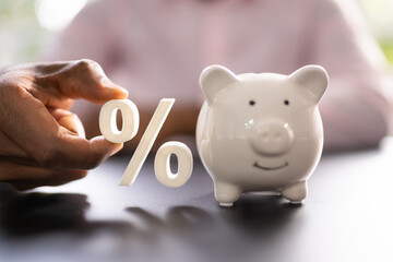 Finance Percentage And Piggybank With Money