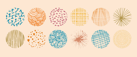 Set of round Abstract colored Backgrounds hand-drawn doodles