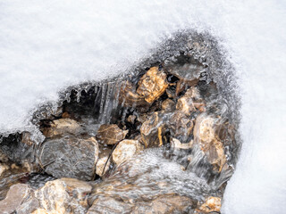 Minimalist abstract picture of a mountain stream flowing beneath the white frozen snow.