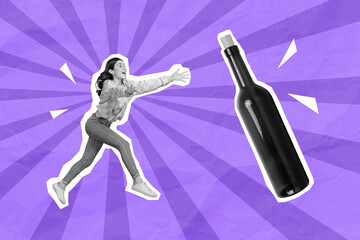 Creative photo 3d collage poster artwork of happy person move big bottle rejoice meeting black...