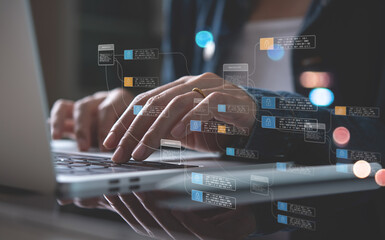 Blockchain financial technology to secure cryptocurrencies for online payment and  digital transaction. Fintech concept with encrypted ledger block chain. Man working on computer and block encryption