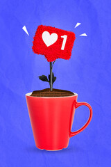 Creative photo 3d collage poster postcard of strange plant grows inside cup drink addicted users bloggers isolated on drawing background