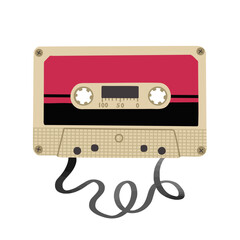 Cassette for player with unwound tape. Vector Illustration for backgrounds, covers and packaging. Image can be used for greeting cards, posters, stickers and textile. Isolated on white background.