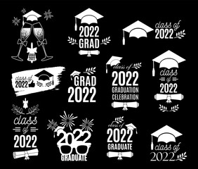Graduation class of 2022 labels design set. Concept for shirt, print, seal, overlay, stamp, greeting card, invitation. Vector sign or logo. All isolated and layered