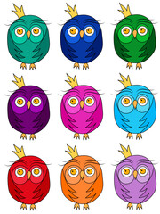 Set of colorful owls in doodle style. Avatar design. Design element. Children's drawing. Vector illustration isolated on transparent background