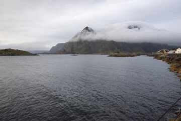landscape view of the fiords and mountains in Lofoten islands, Norway