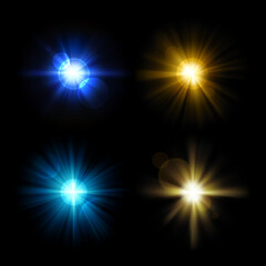 Set of multicolored light bursts with lens effect. Realistic colorful flash and glare. Vector template on transparent background. Bright glowing rays. Explosion glow illustration.