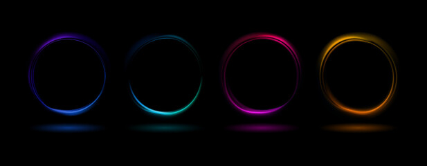 Colorful glowing dynamic waves in circle shape with reflection isolated on black background. Abstract vector illustration of neon round frames. Luminous portal. Freezelight.