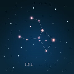 Vector illustration Crater constellation. Tree branches, dark blue starry sky, cosmos. Illustration of constellation scheme Crater