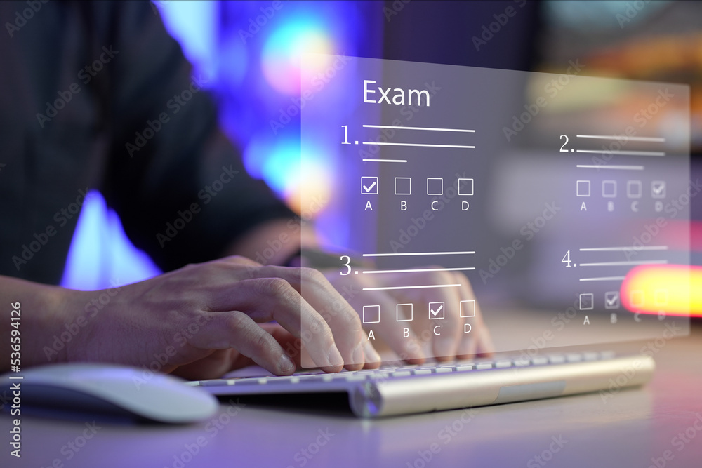 Aufkleber online exam concept, choose correct answer in test. checklist and online testing on laptop. online exam test with laptop. on-line questionnaire results on desktop. quiz...